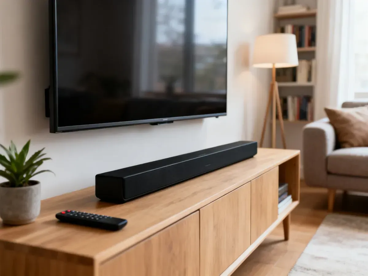 Elegancki soundbar pod telewizorem w nowoczesnym salonie, ilustrujący idealne nagłośnienie domowe.