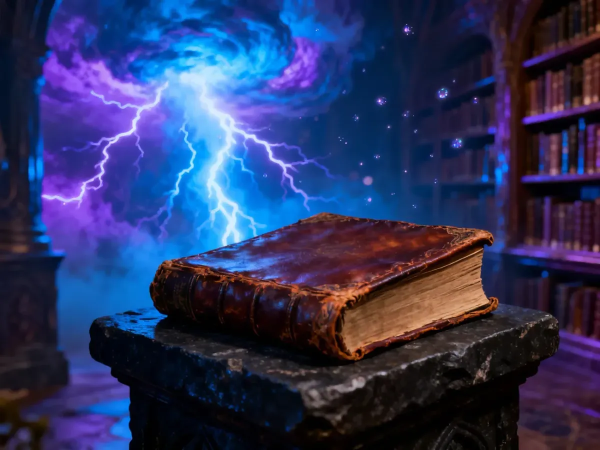 Starożytna księga na kamiennym postumencie w bibliotece wypełnionej magiczną, burzową aurą.