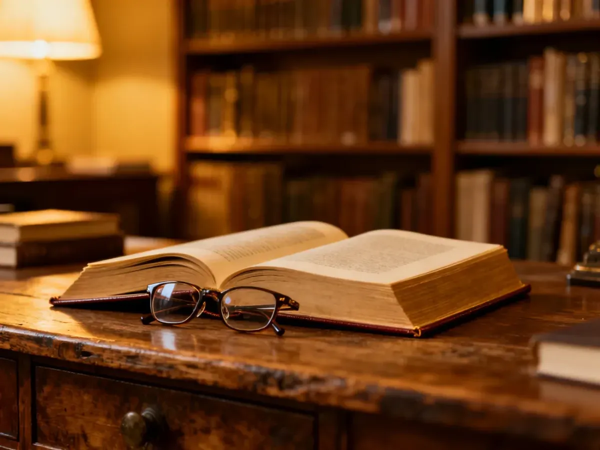 Otwarta książka z okularami na drewnianym biurku w przytulnej bibliotece, zachęcająca do lektury serii Tomasza Wandzela.