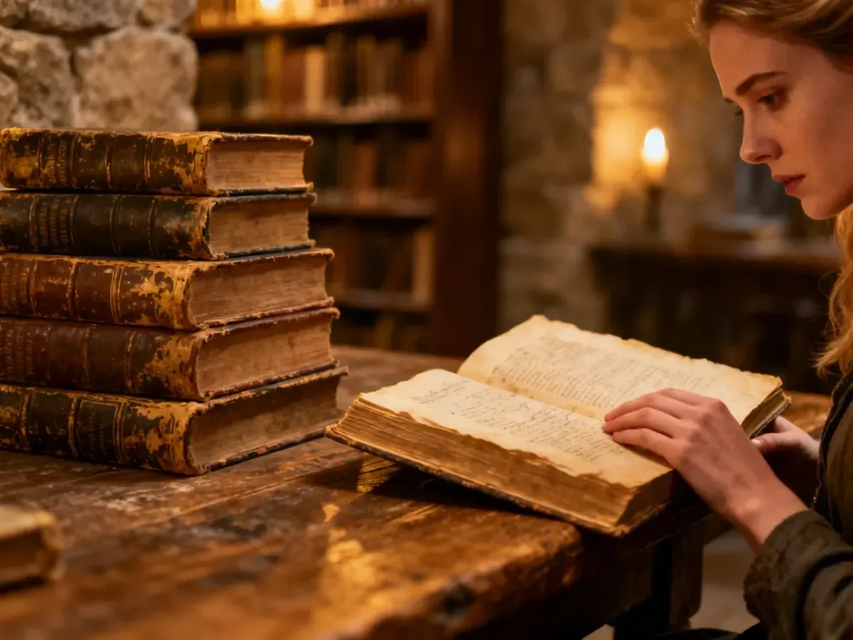 Kobieta czytająca starodawną książkę w przytulnej bibliotece, nawiązująca do klimatu sagi Diany Gabaldon.
