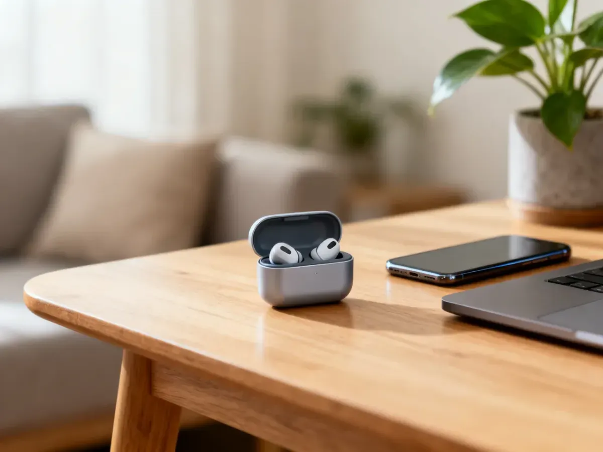 Nowoczesne słuchawki bezprzewodowe w etui na biurku obok smartfona i laptopa, minimalistyczne otoczenie, domowy klimat.