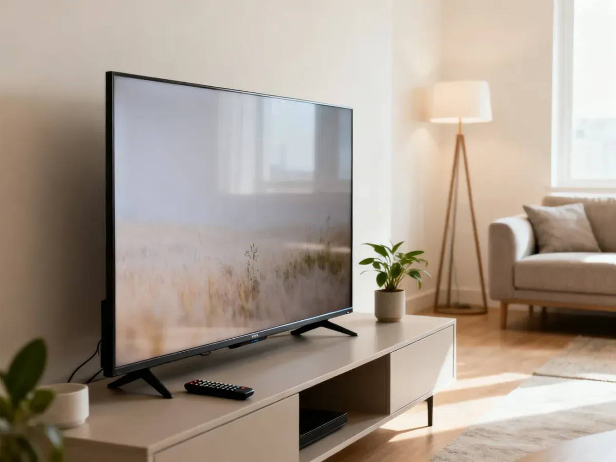 Nowoczesny salon z 55-calowym telewizorem na szafce RTV, w minimalistycznej aranżacji z pilotem i rośliną obok.