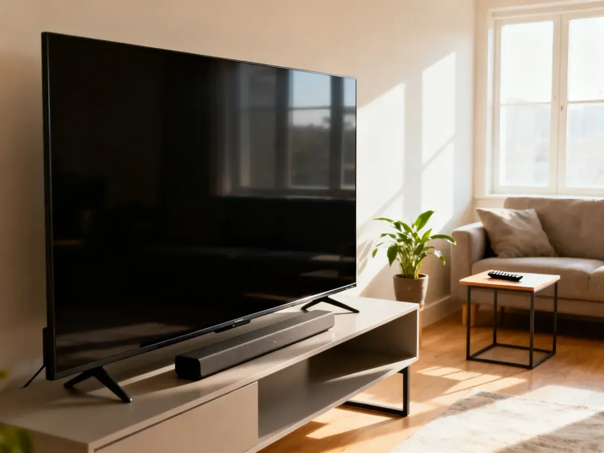 Nowoczesny salon z wyeksponowanym 65-calowym telewizorem na minimalistycznej szafce i soundbarem, w jasnym, przytulnym wnętrzu.
