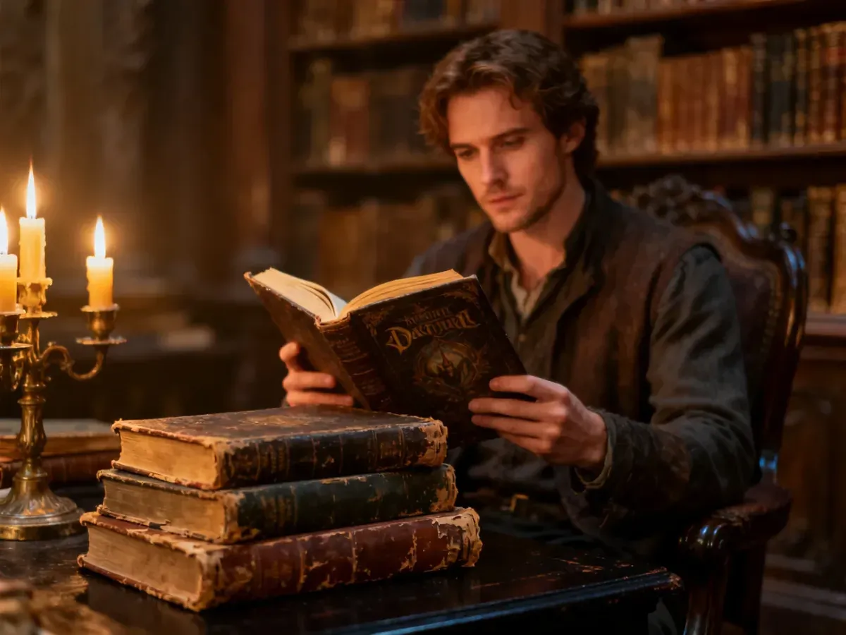 Mężczyzna czytający książkę fantasy w klimatycznej, zabytkowej bibliotece przy świetle świec.