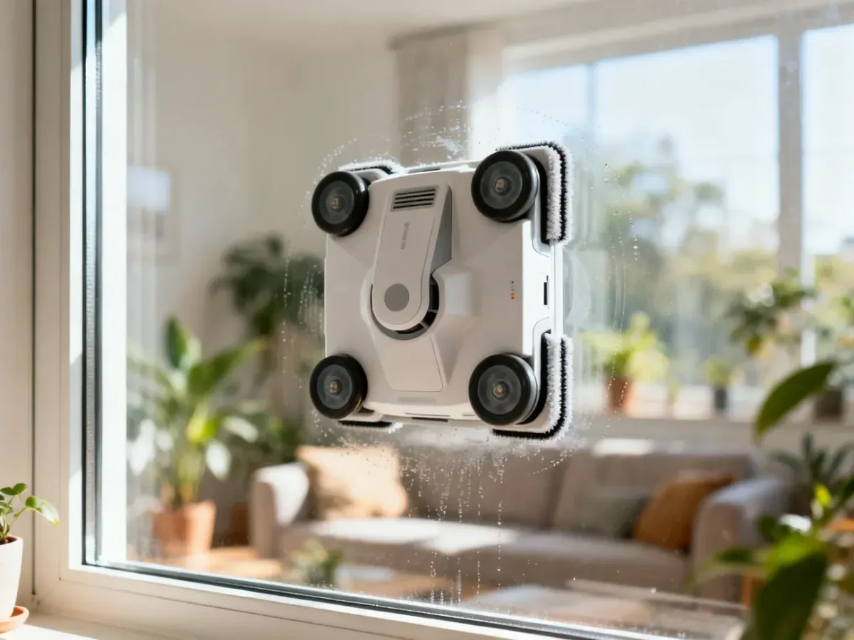 Nowoczesny robot do mycia okien pracujący na dużej szybie w jasnym, minimalistycznym salonie z roślinami i sofą.