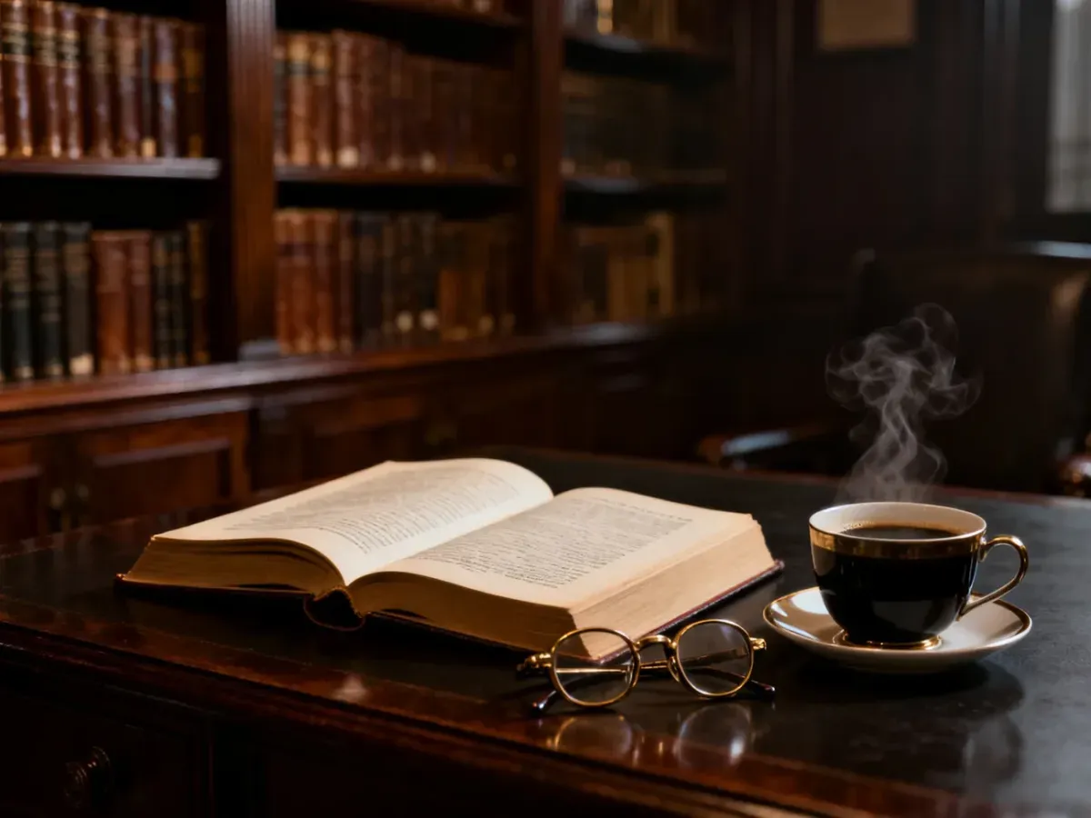Otwarta powieść kryminalna na drewnianym biurku z okularami i filiżanką kawy w klimatycznej bibliotece.