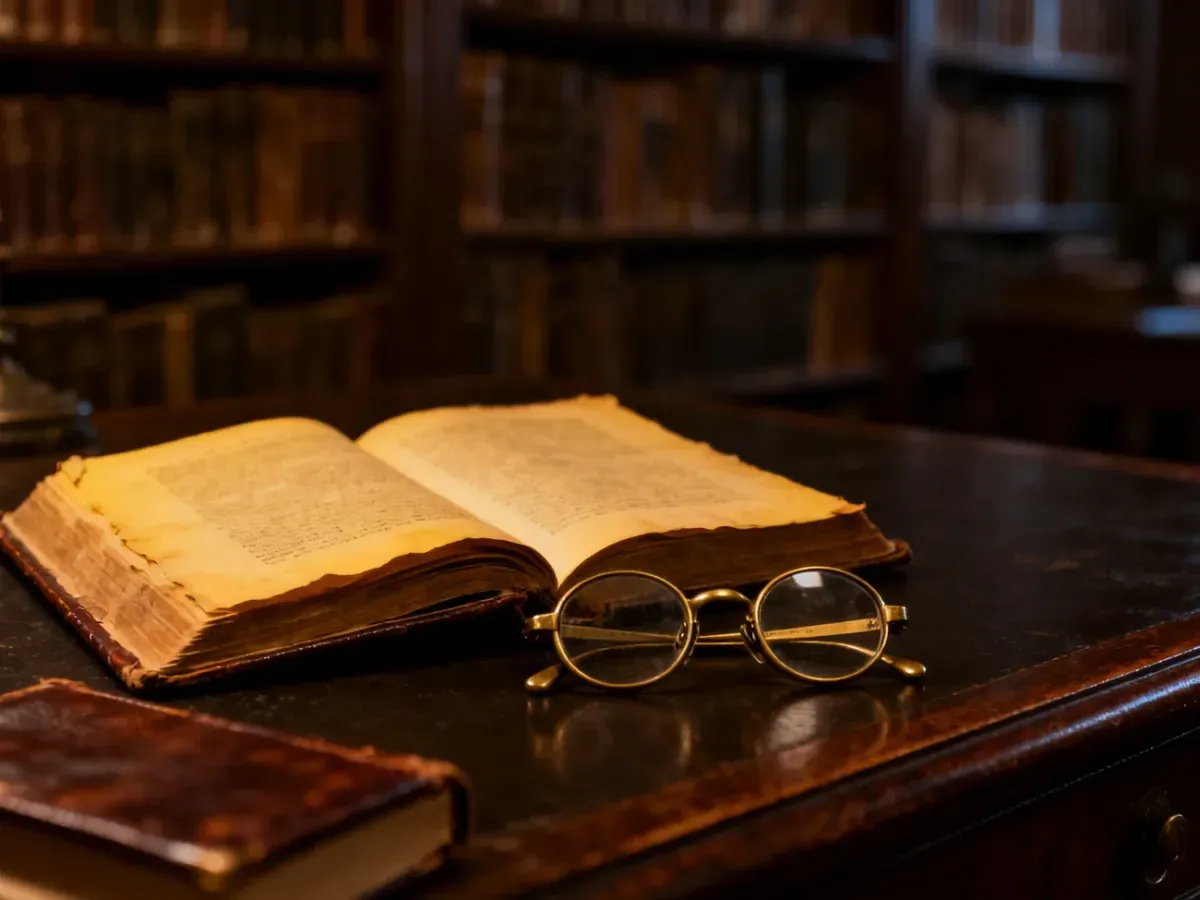 Stara książka w skórzanej oprawie i okulary na drewnianym biurku w klimacie kryminałów retro Marka Krajewskiego.