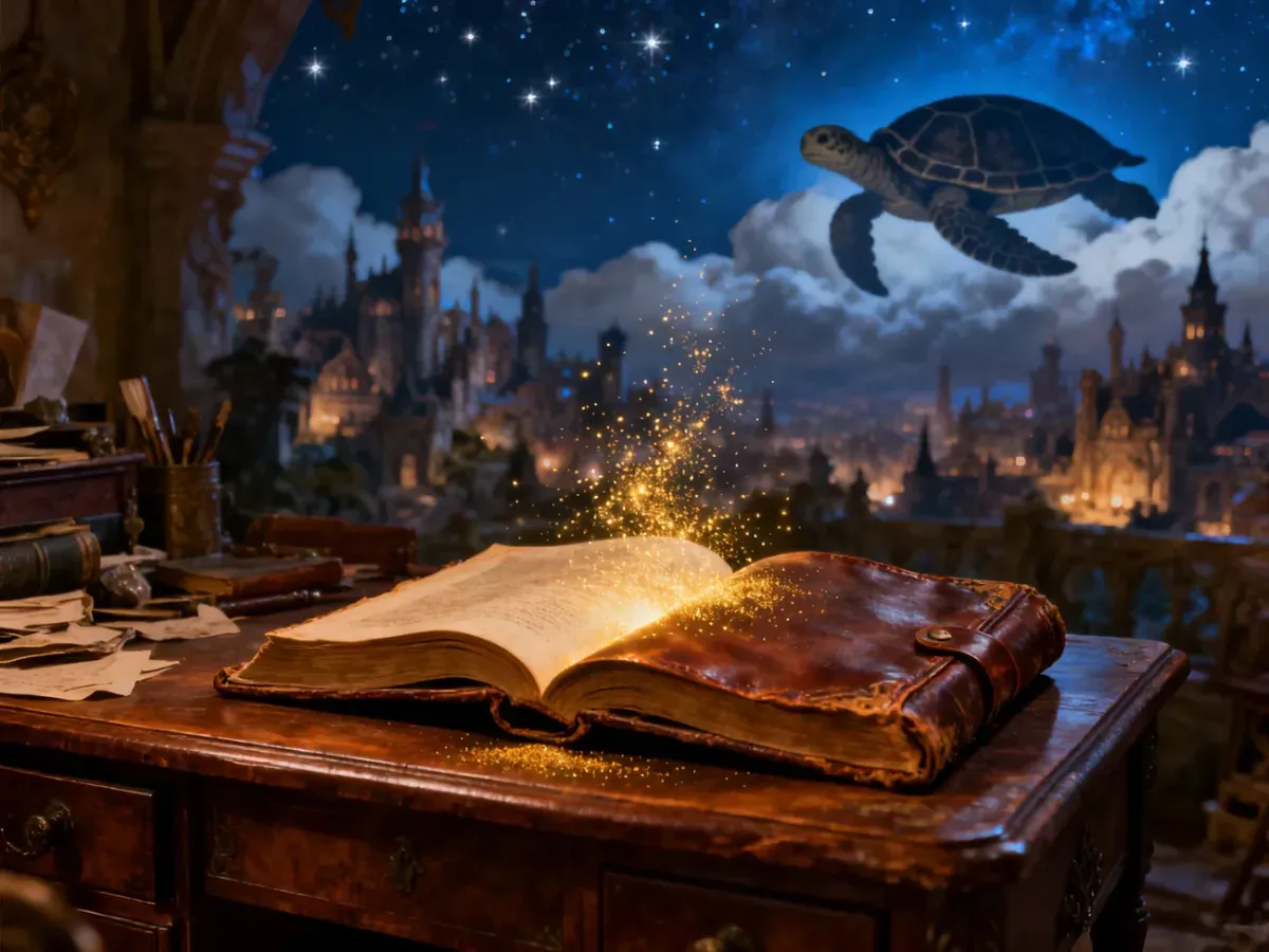Otwarte, magiczne księgi na starym biurku z widokiem na fantastyczne miasto i sylwetkę Wielkiego A'Tuina w chmurach.