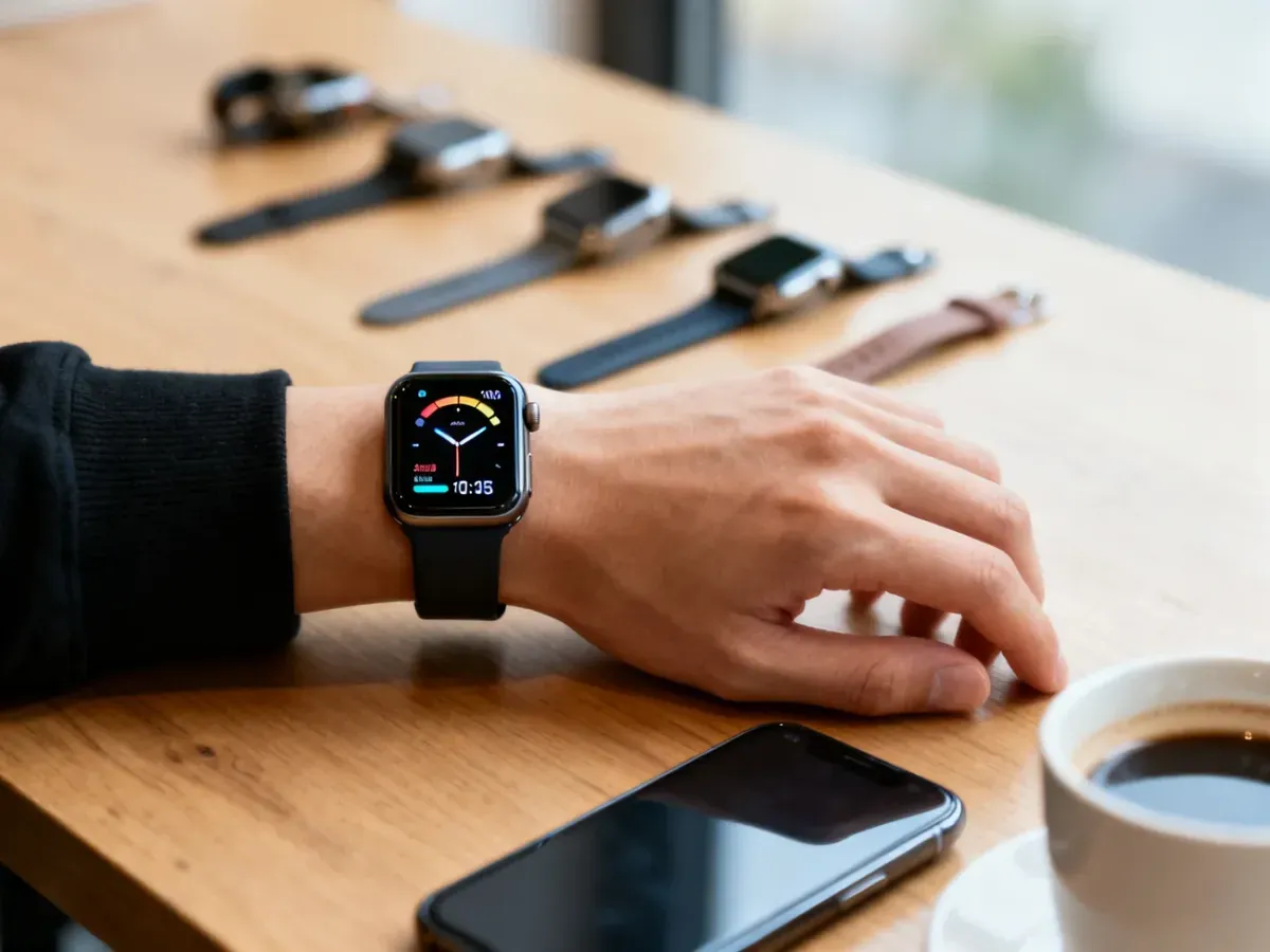 Nowoczesny smartwatch na nadgarstku obok telefonu i kawy, prezentujący proste statystyki fitness i czas, w tle inne modele.
