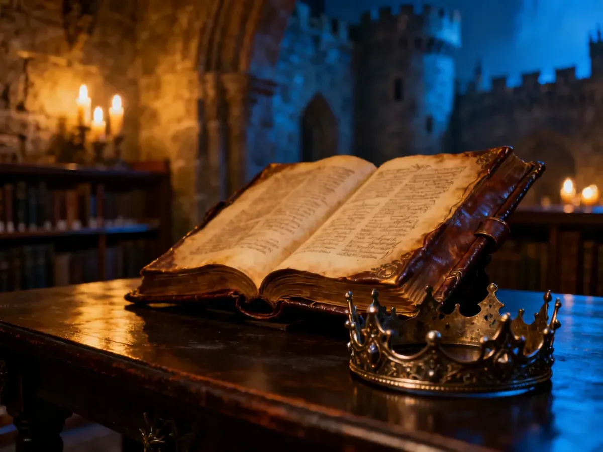 Otwarta, skórzana księga fantasy z metalową koroną na drewnianym stole w klimatycznej, średniowiecznej bibliotece.