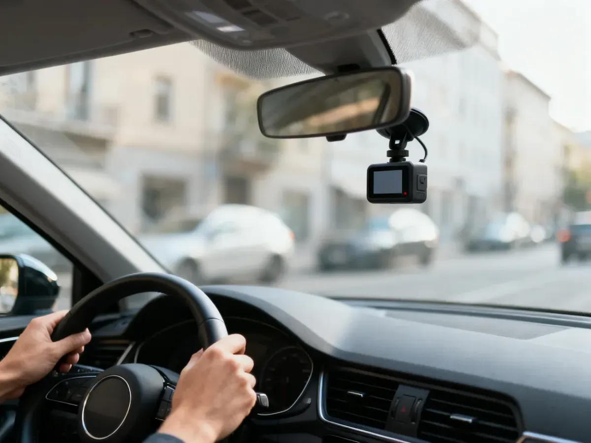 Nowoczesna kamera samochodowa zamontowana przy lusterku, kierowca prowadzi auto w ruchu miejskim za dnia.